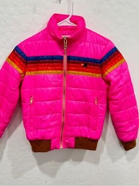 Aviator Nation 5 Stripe Apres Puffer Jacket  Girls 10 Kid Glossy Neon Pink Read!